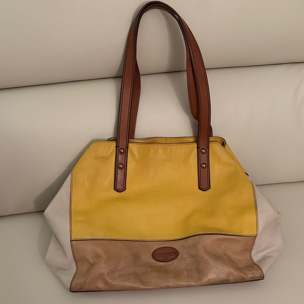 Fossil Yellow and Tan Leather Tote Bag